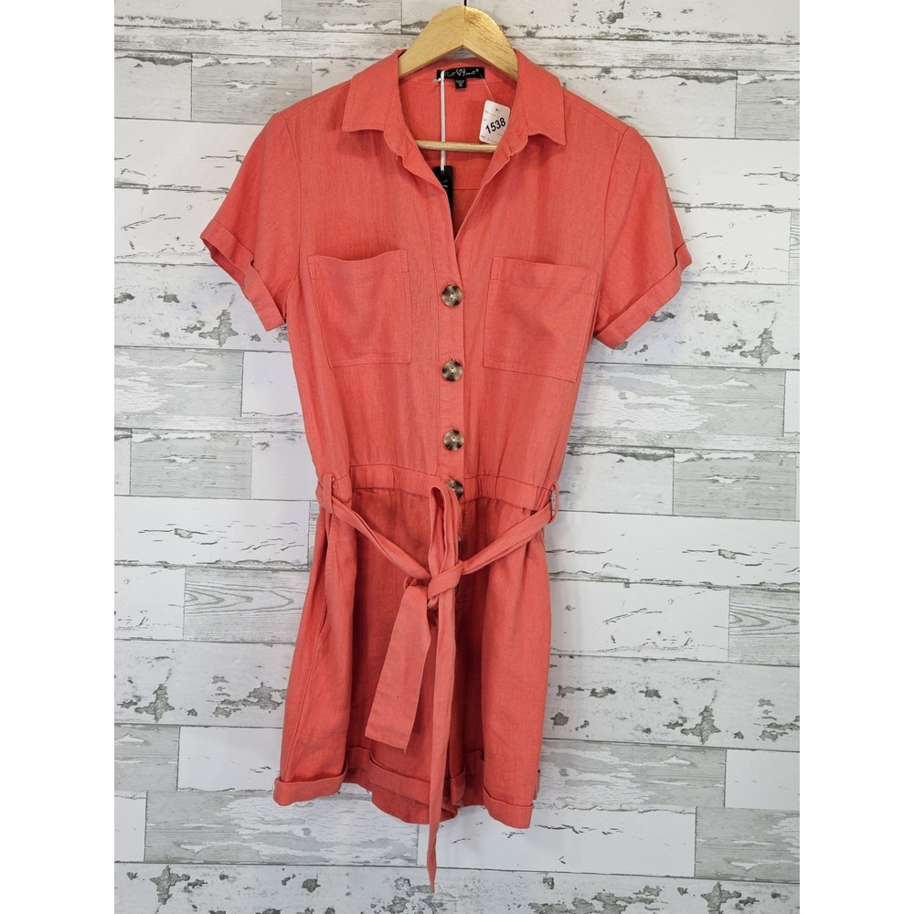Velvet Heart Linen Blend Short Sleeve Button Front Romper Womens Small Coral